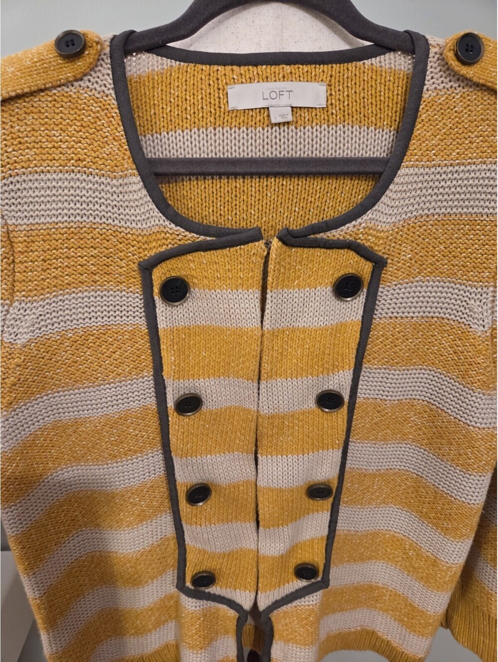 LOFT Large Double Breasted Round Neck Yellow Beige Striped Cardigan Band Sweater - Picture 3 of 5